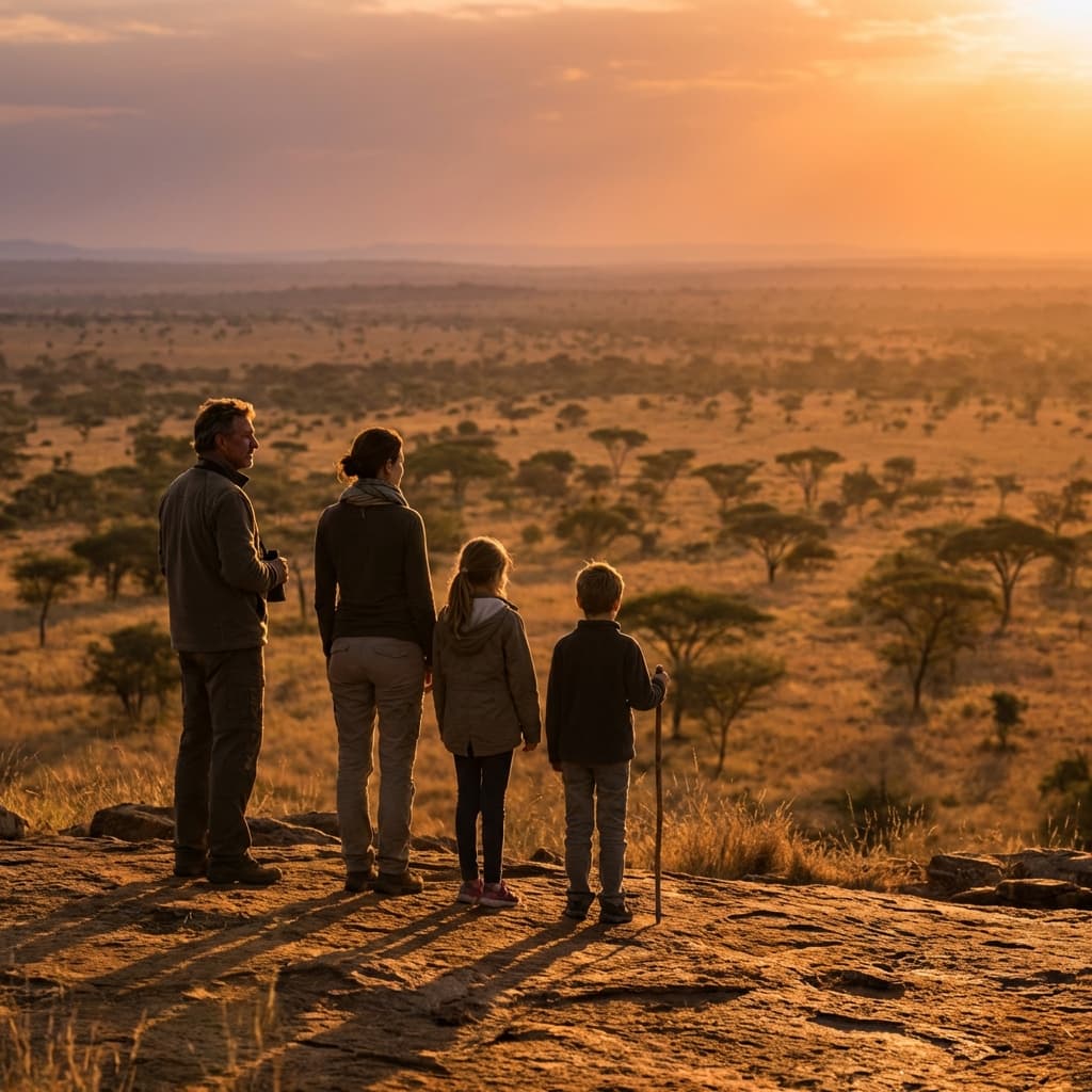 Family on a ridge at sunset